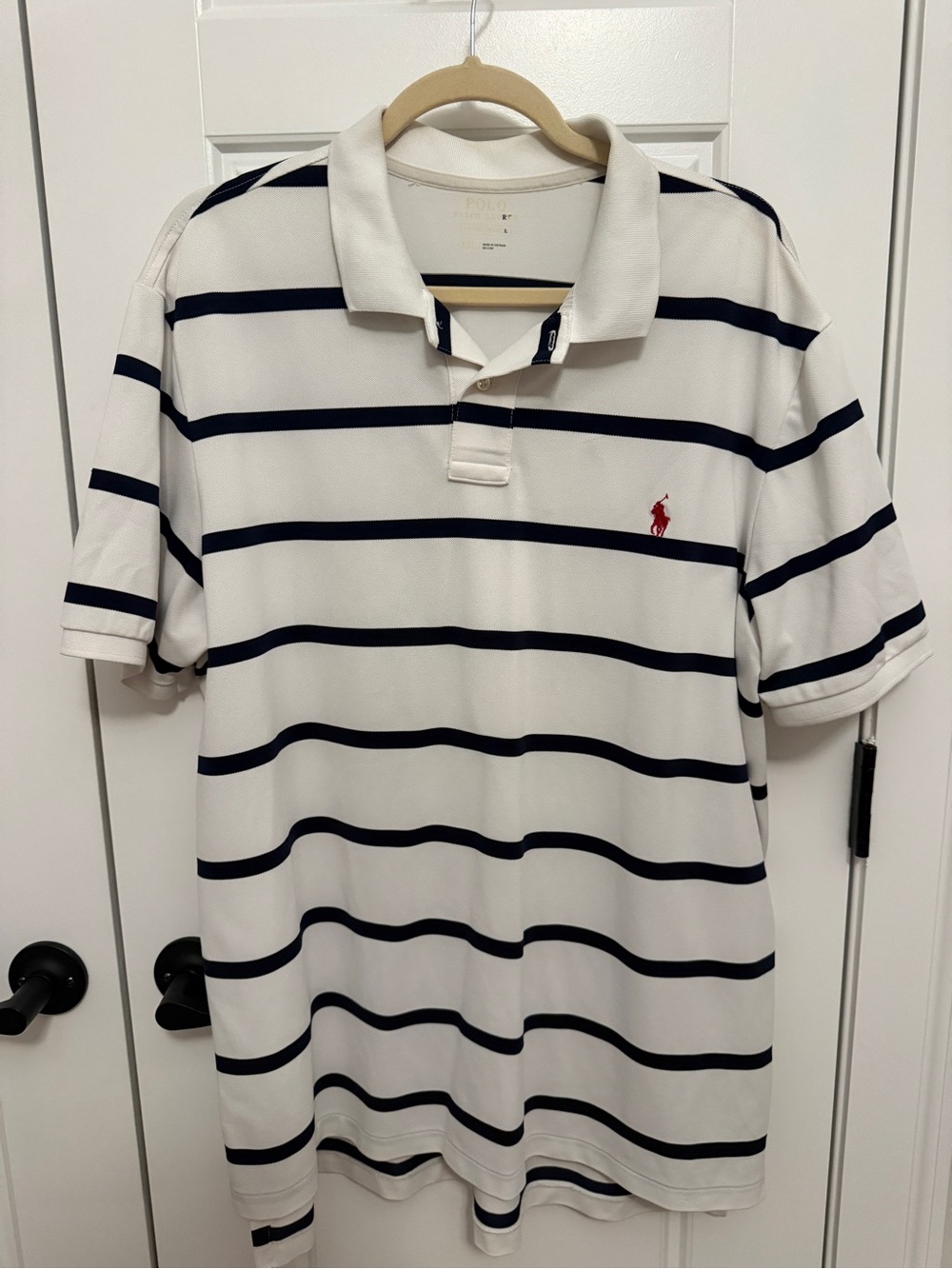 Polo by Ralph Lauren White Polo with Navy Stripes and Red Logo